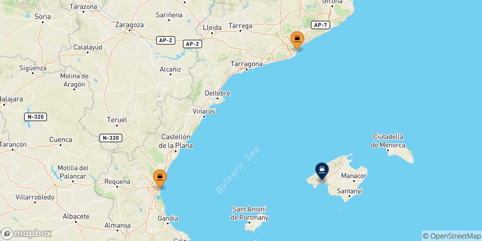 Mapa de las posibles rutas entre España y  Palma De Mallorca
