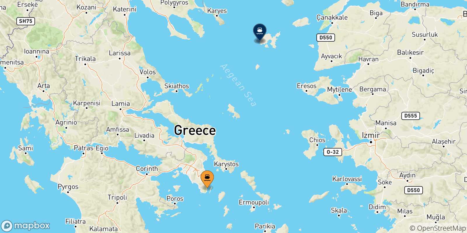 Mapa de las posibles rutas entre Lavrio y  Islas Del Egeo