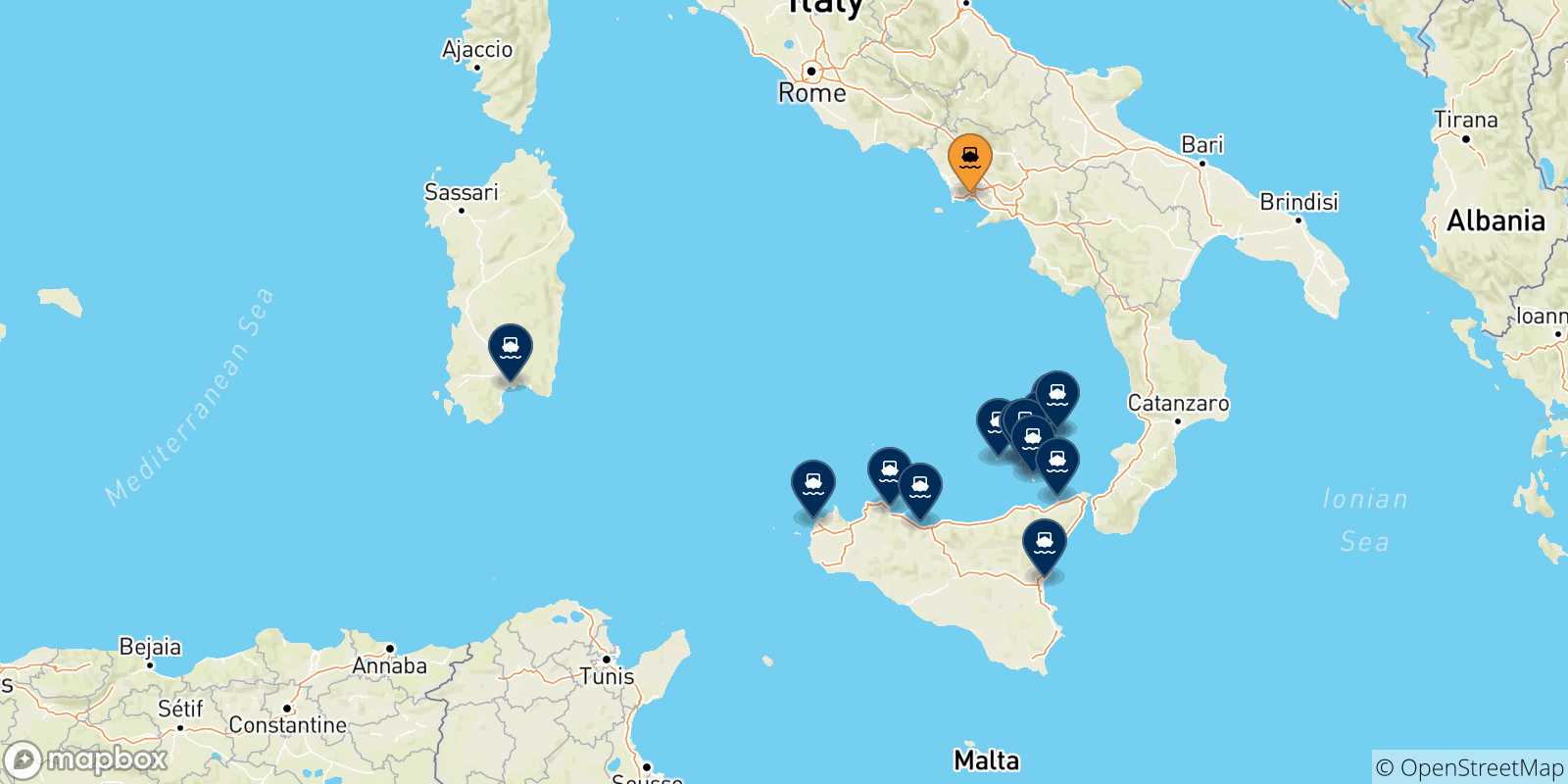 Mapa de las posibles rutas entre Nápoles y  Italia