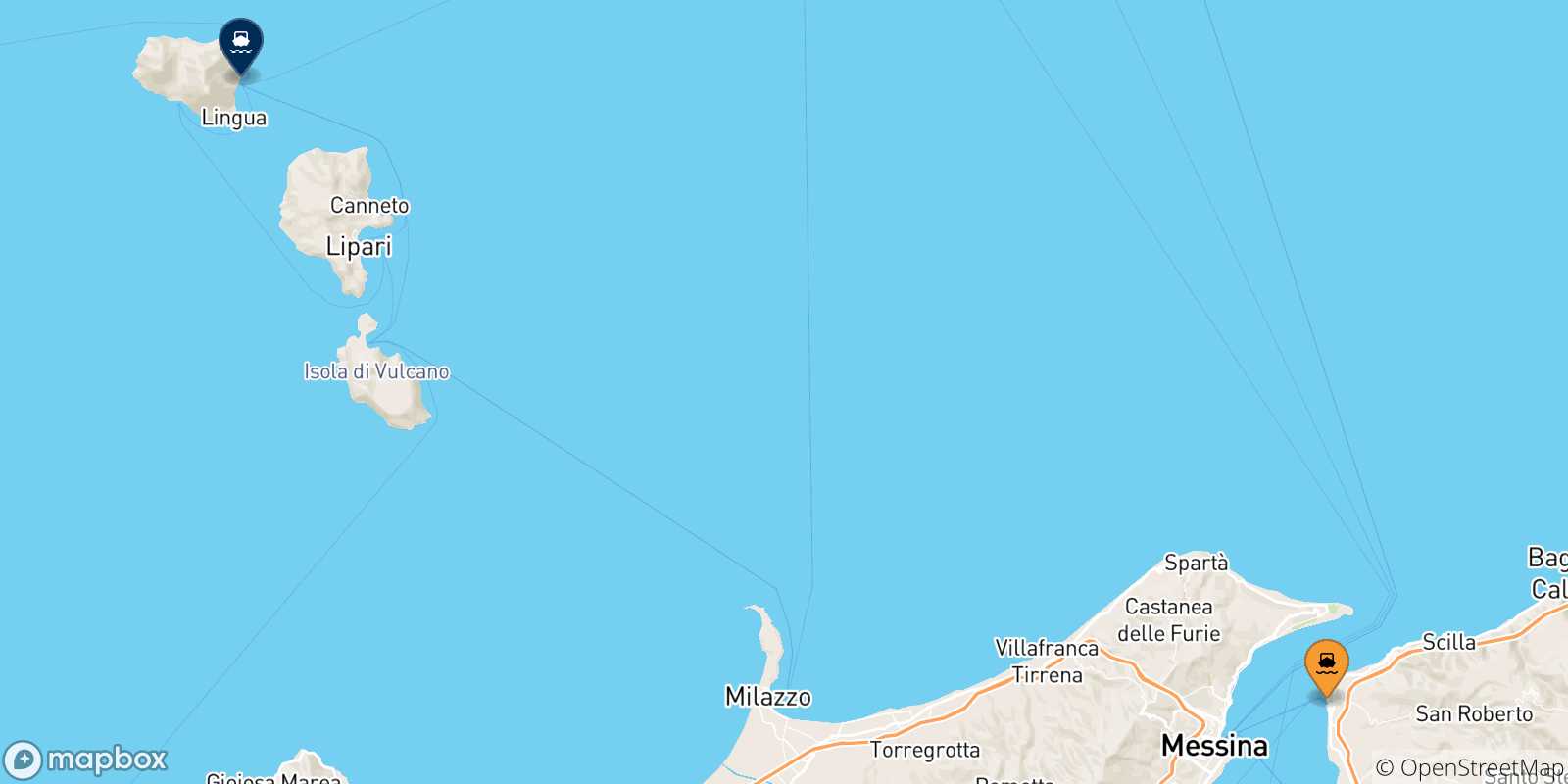 Mapa de las posibles rutas entre Reggio Calabria y  Islas Eólicas