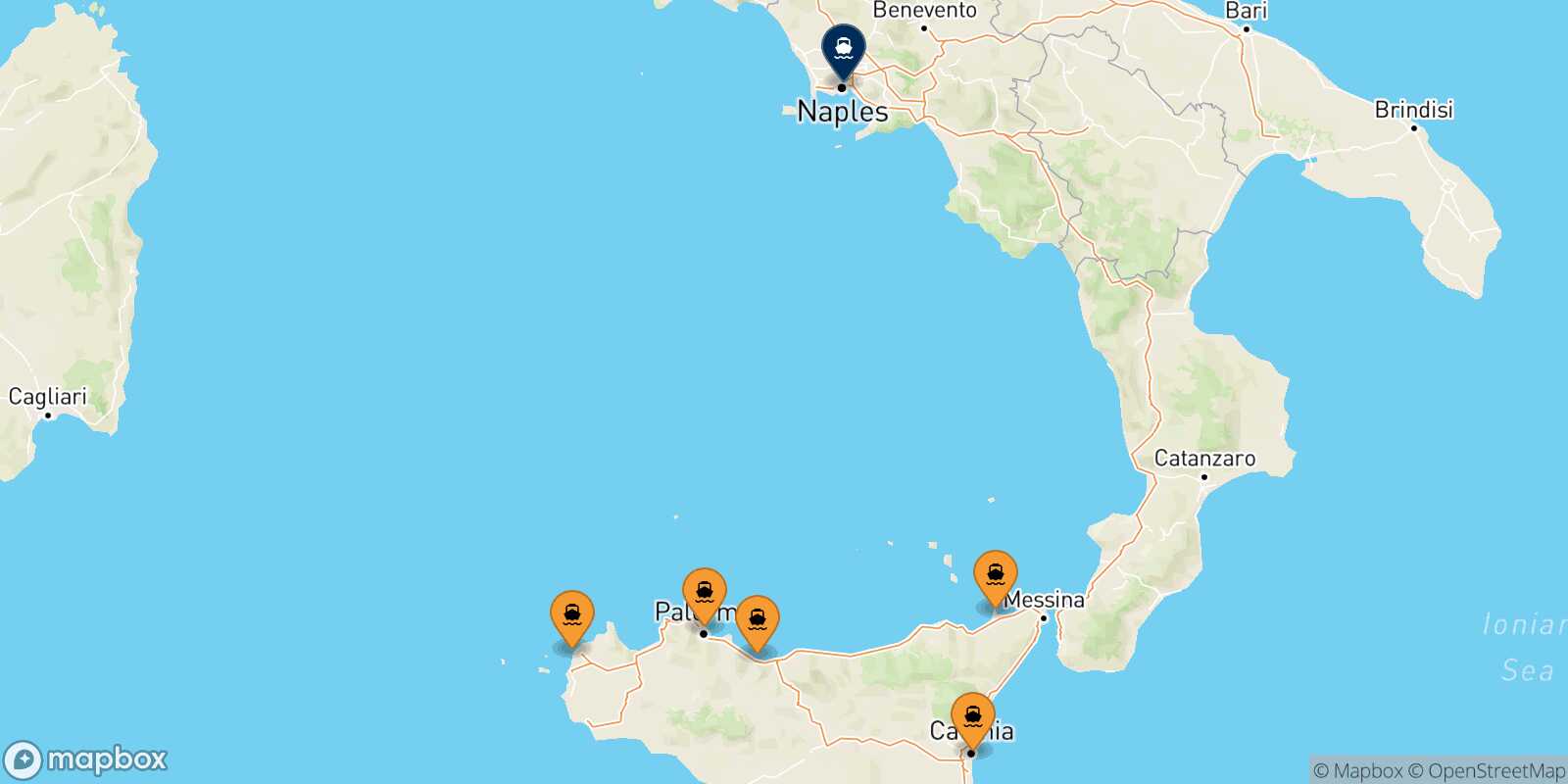 Mapa de los puertos conectados con  Nápoles