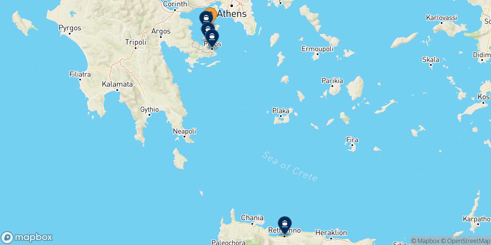 Mapa de los destinos alcanzables de Aegina