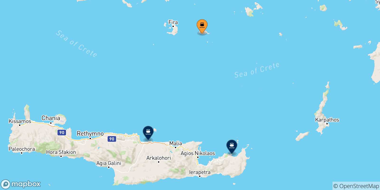 Mapa de las posibles rutas entre Anafi y  Creta