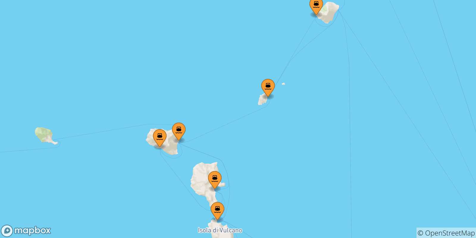 Mapa de las posibles rutas entre Islas Eólicas y  Stromboli