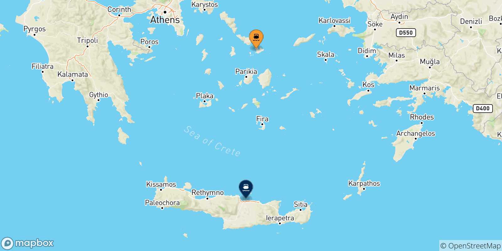 Mapa de las posibles rutas entre Mykonos y  Creta