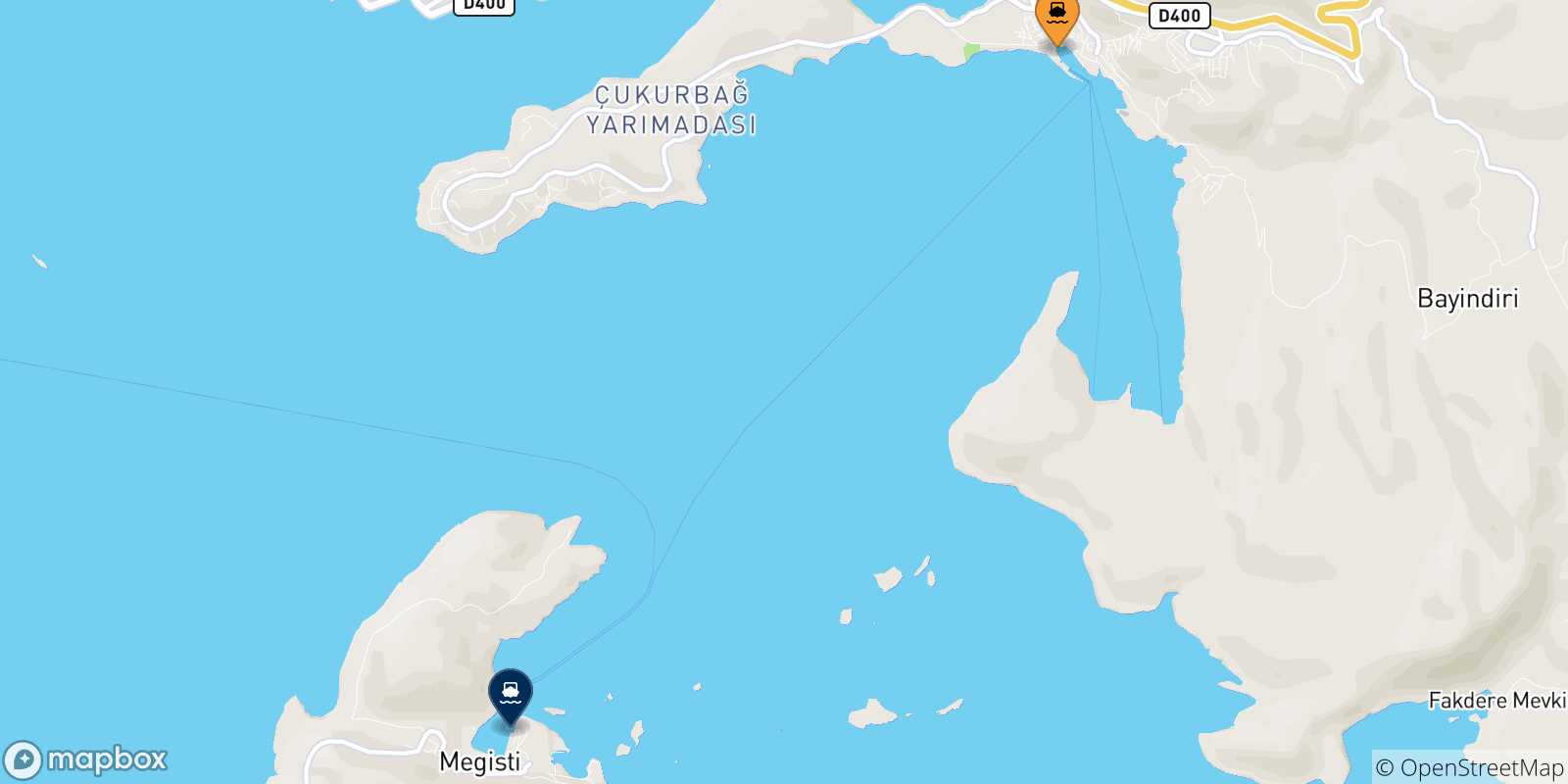 Mapa de las posibles rutas entre Kas y  Grecia