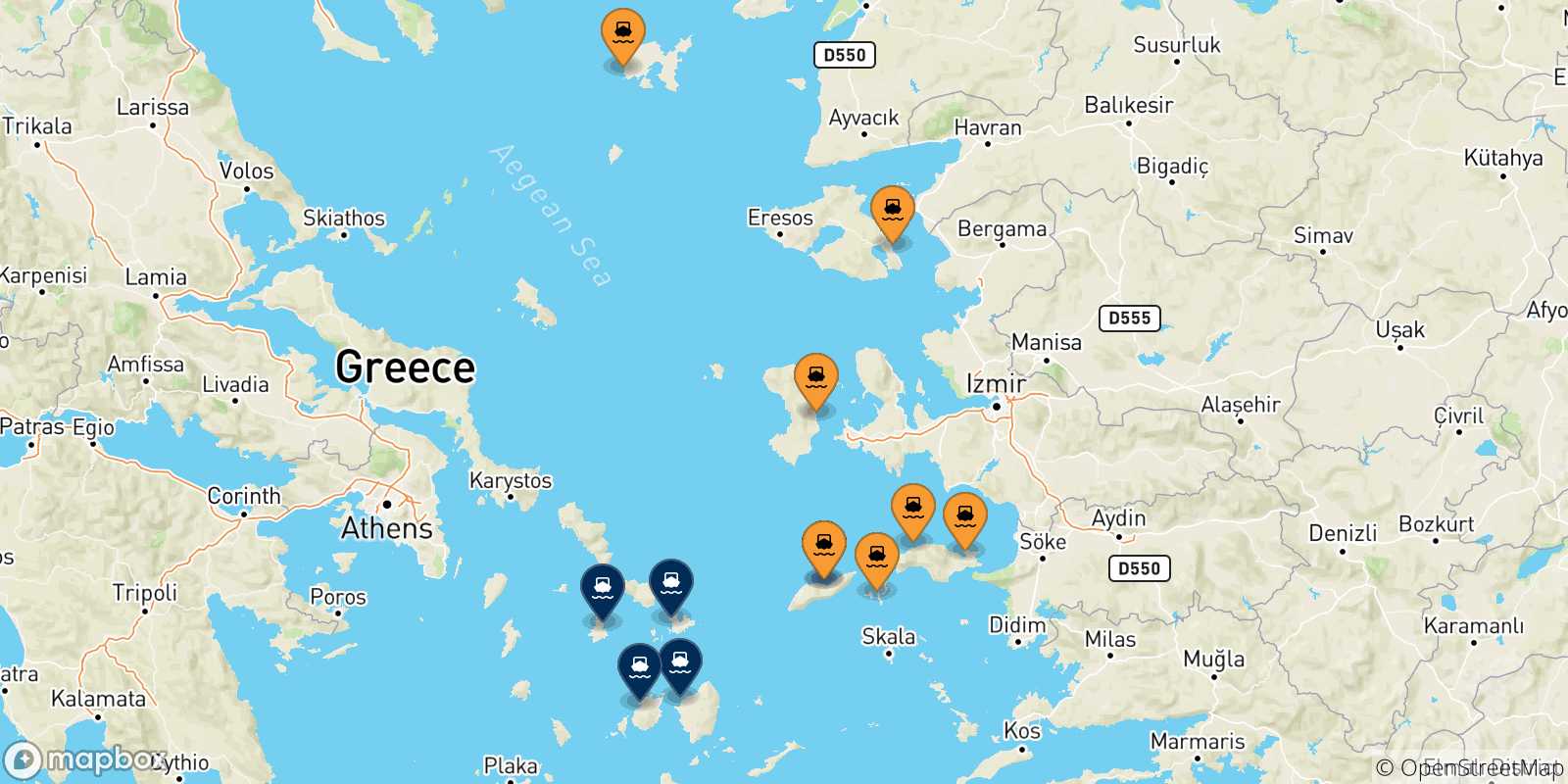 Mapa de las posibles rutas entre Islas Del Egeo y  Las Cicladas