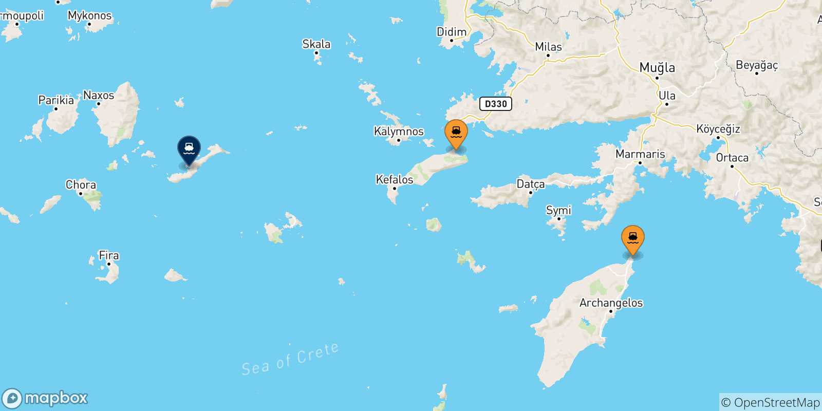 Mapa de las posibles rutas entre Dodecaneso y  Katapola (Amorgos)