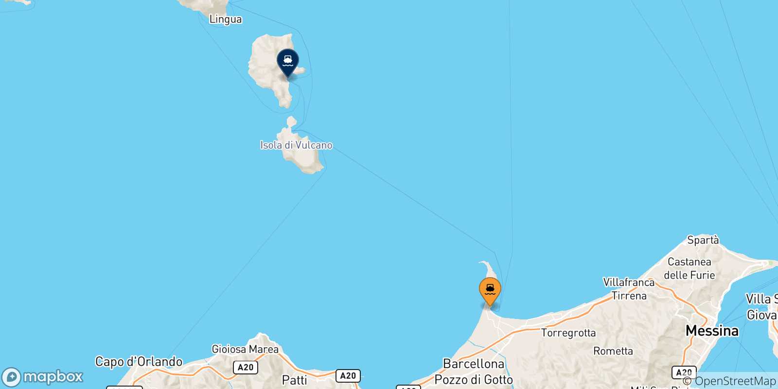 Mapa de las posibles rutas entre Sicilia y  Lipari
