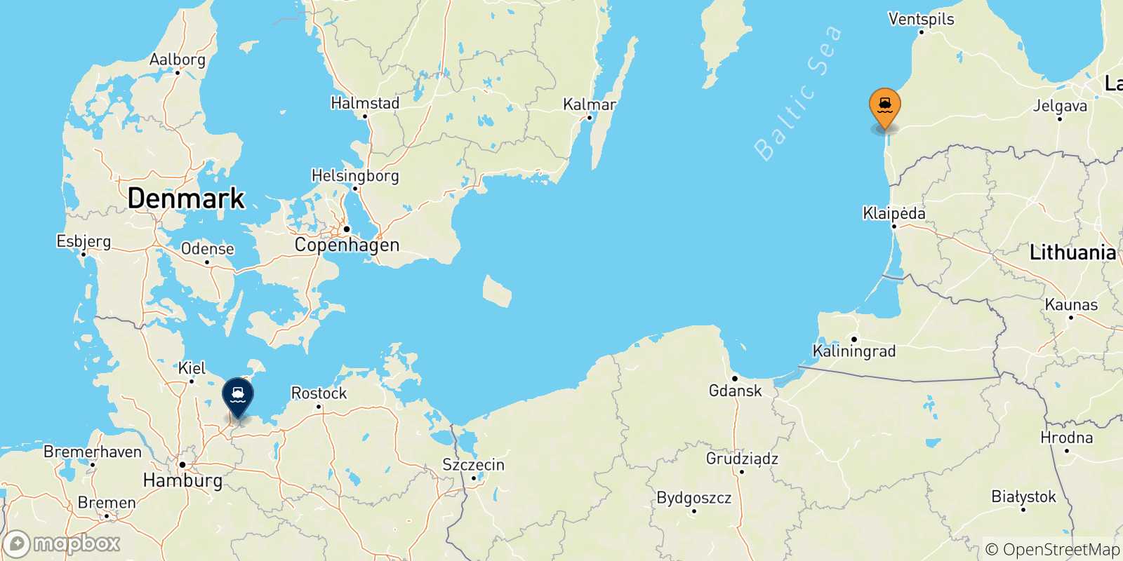 Mapa de las posibles rutas entre Liepaja y  Alemania
