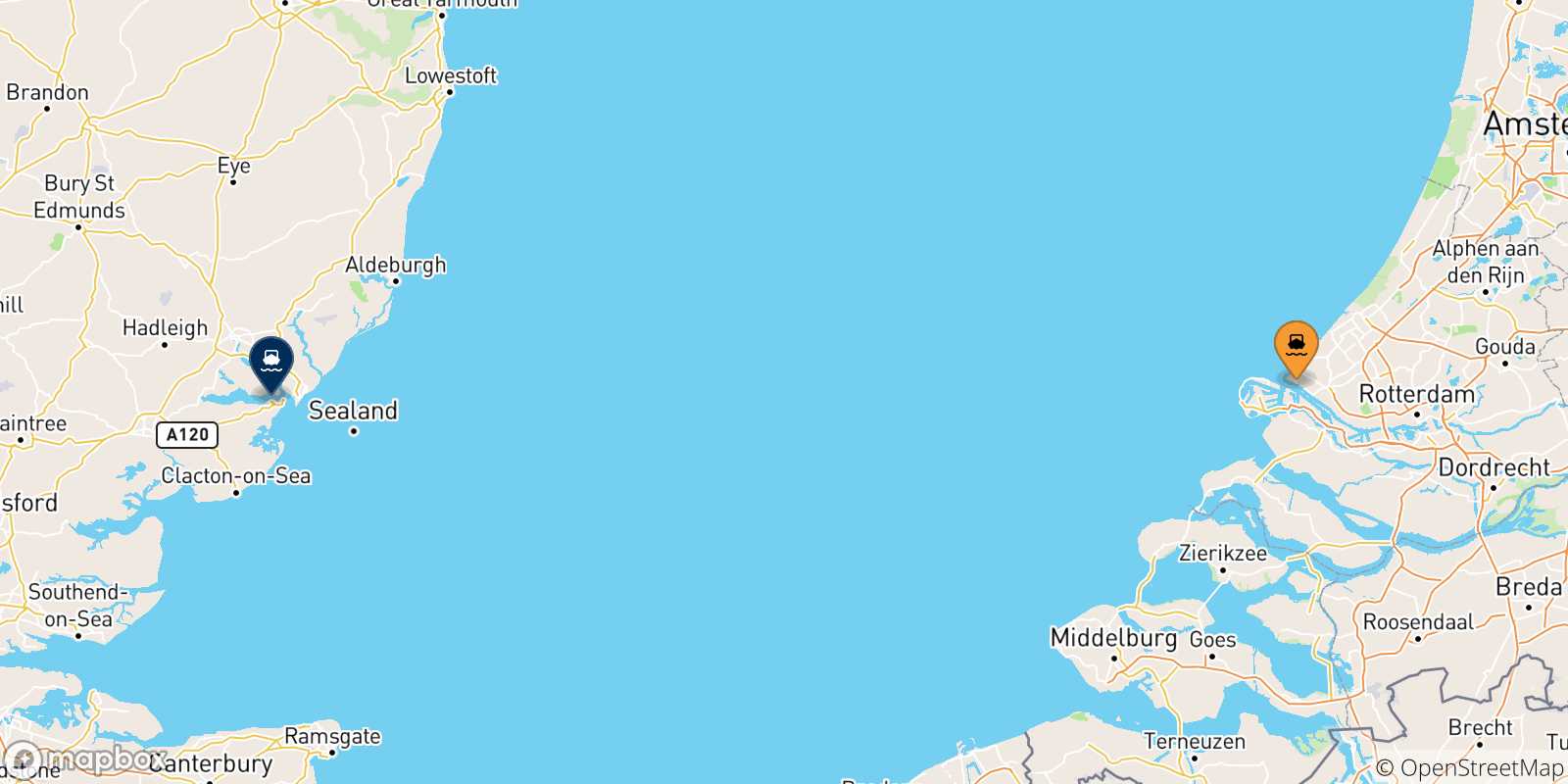 Mapa de las posibles rutas entre Hoek Van Holland y  Inglaterra