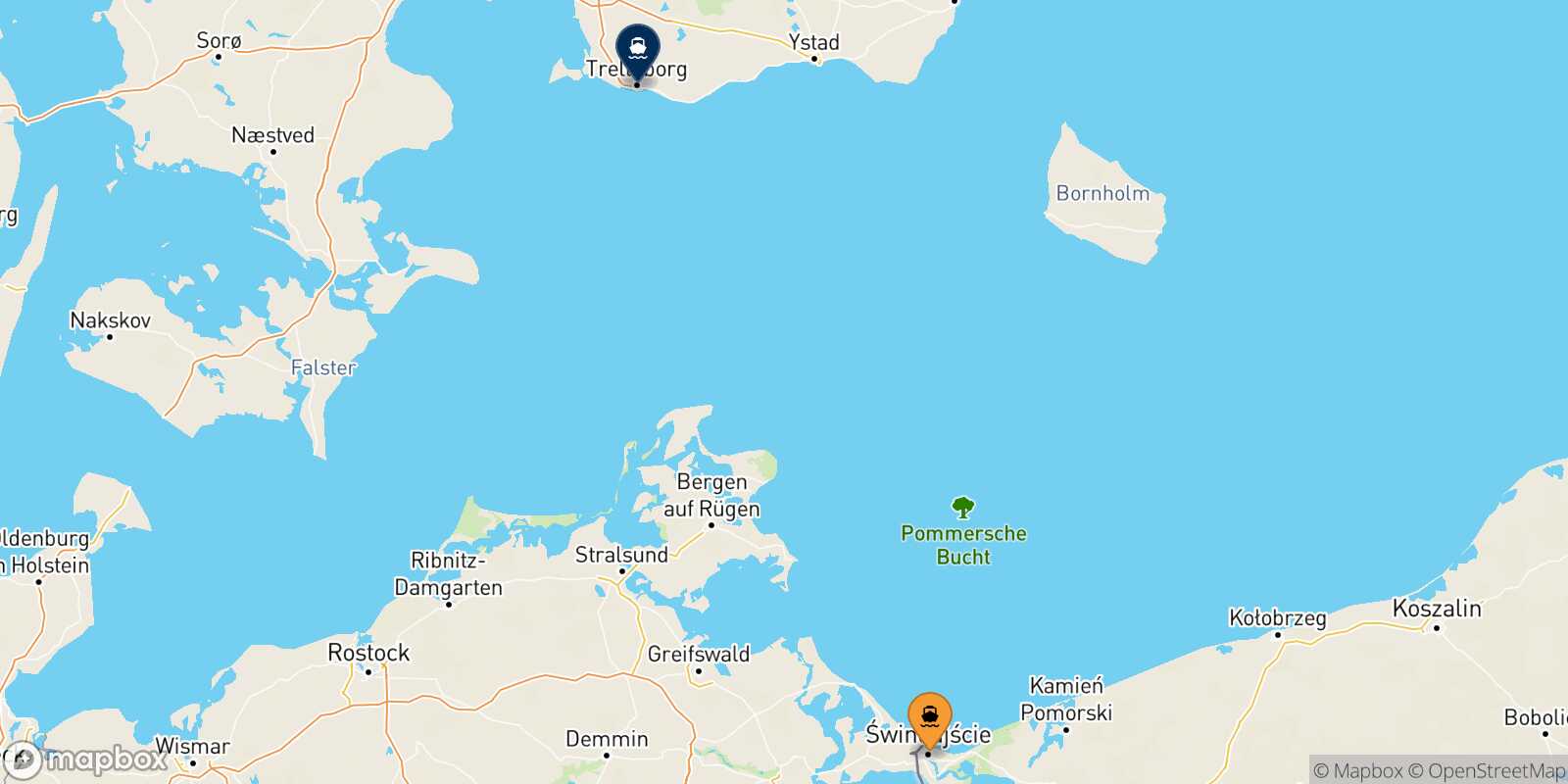 Mapa de los destinos alcanzables de Swinoujscie