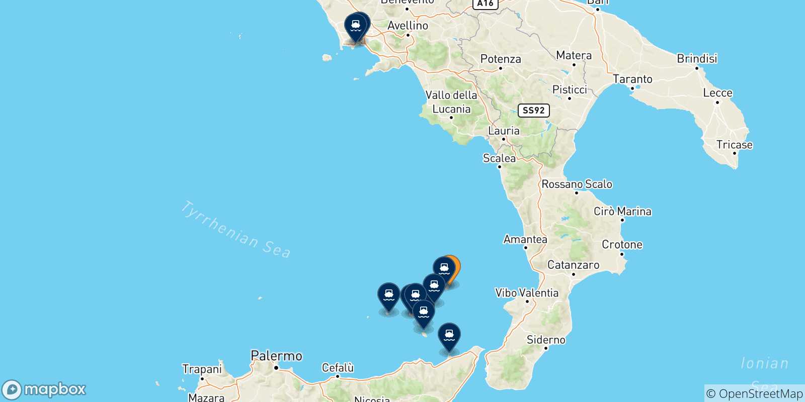 Mapa de las posibles rutas entre Stromboli y  Italia