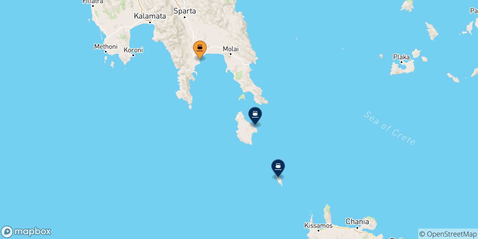 Mapa de las posibles rutas entre Gythio y  Islas Jonicas