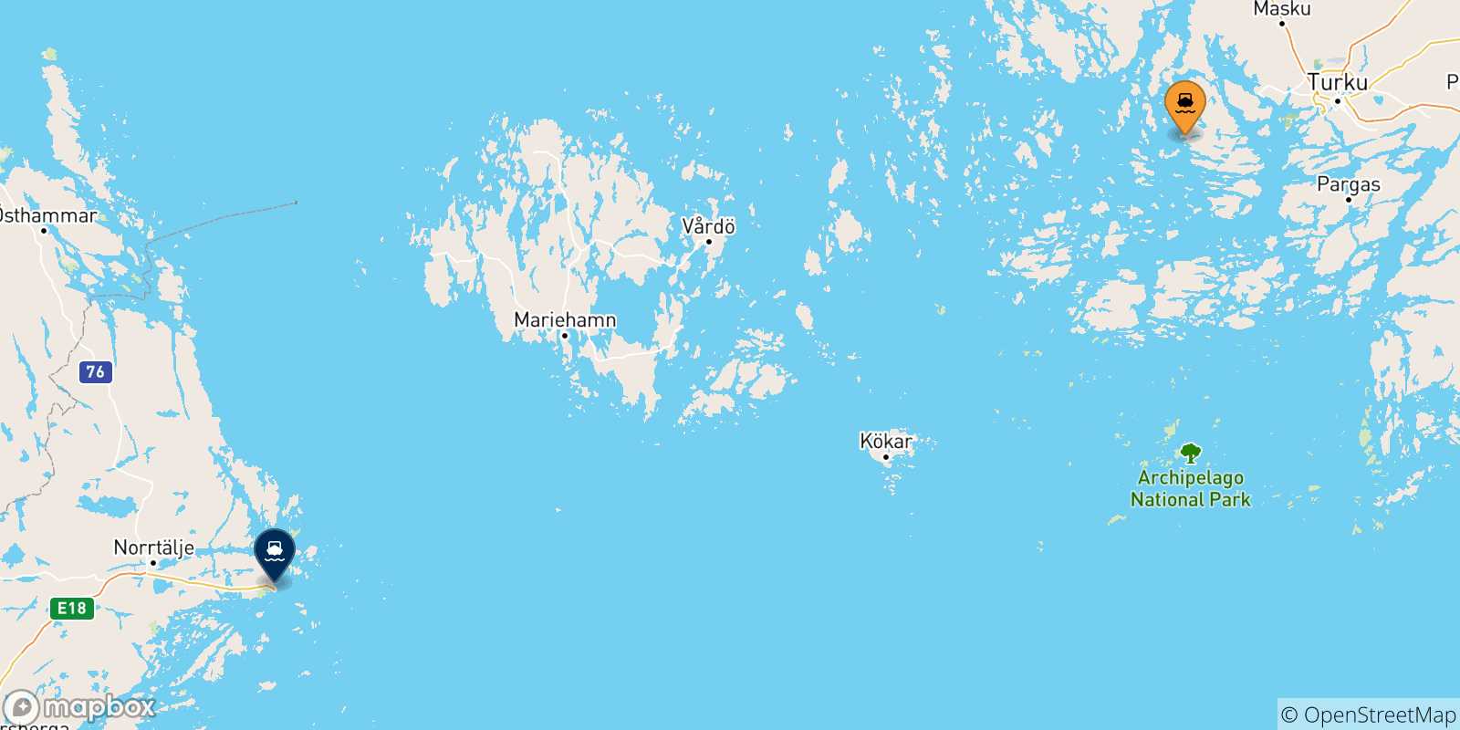Mapa de las posibles rutas entre Naantali y  Suecia