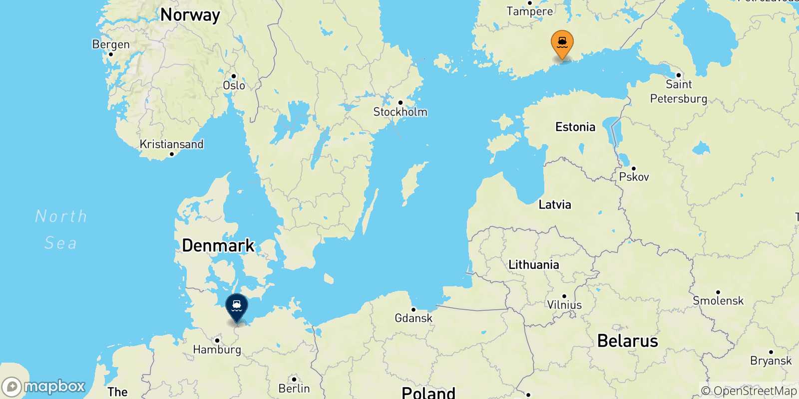 Mapa de las posibles rutas entre Helsinki y  Alemania