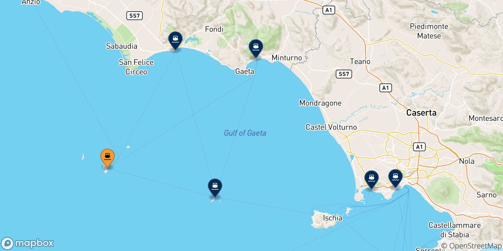 Mapa de las posibles rutas entre Ponza y  Italia