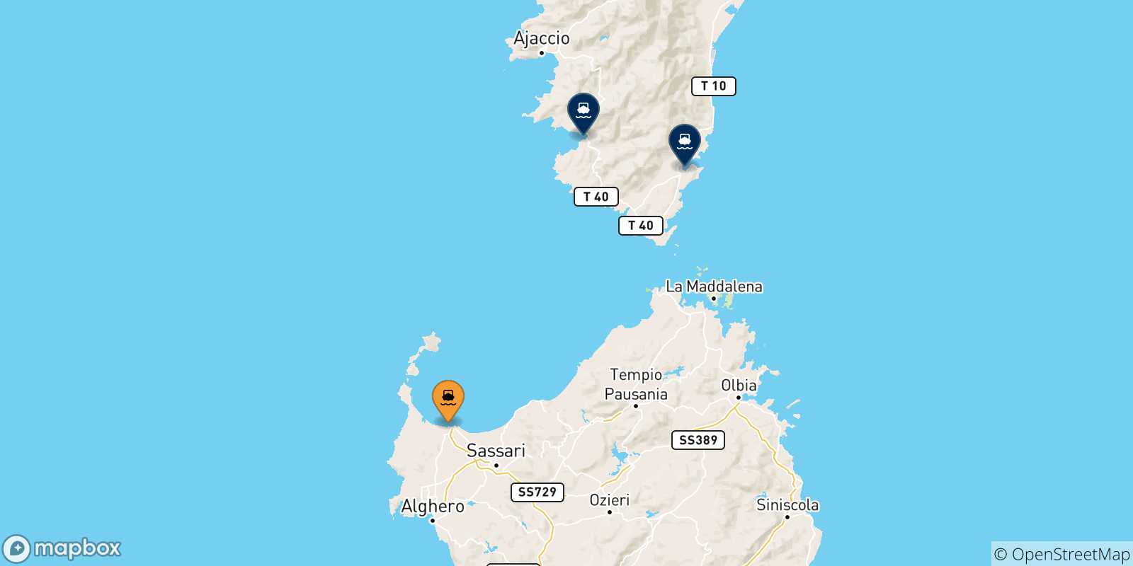 Mapa de las posibles rutas entre Porto Torres y  Córcega