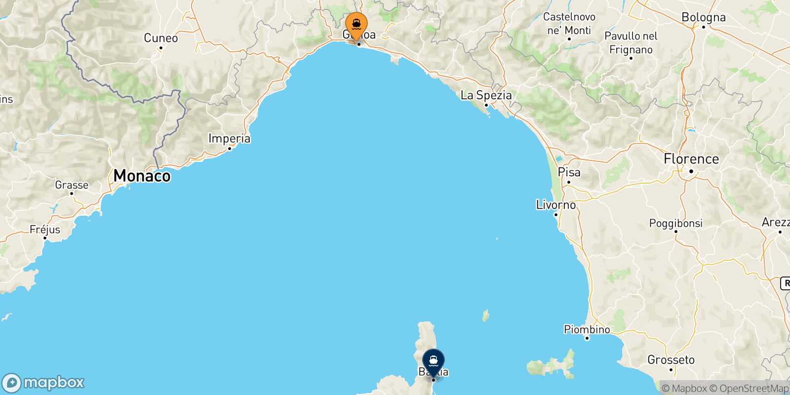 Mapa de la ruta Genova Bastia