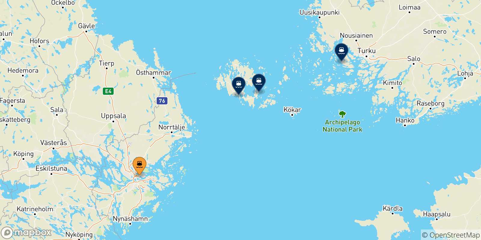 Mapa de las posibles rutas entre Estocolmo y  Finlandia