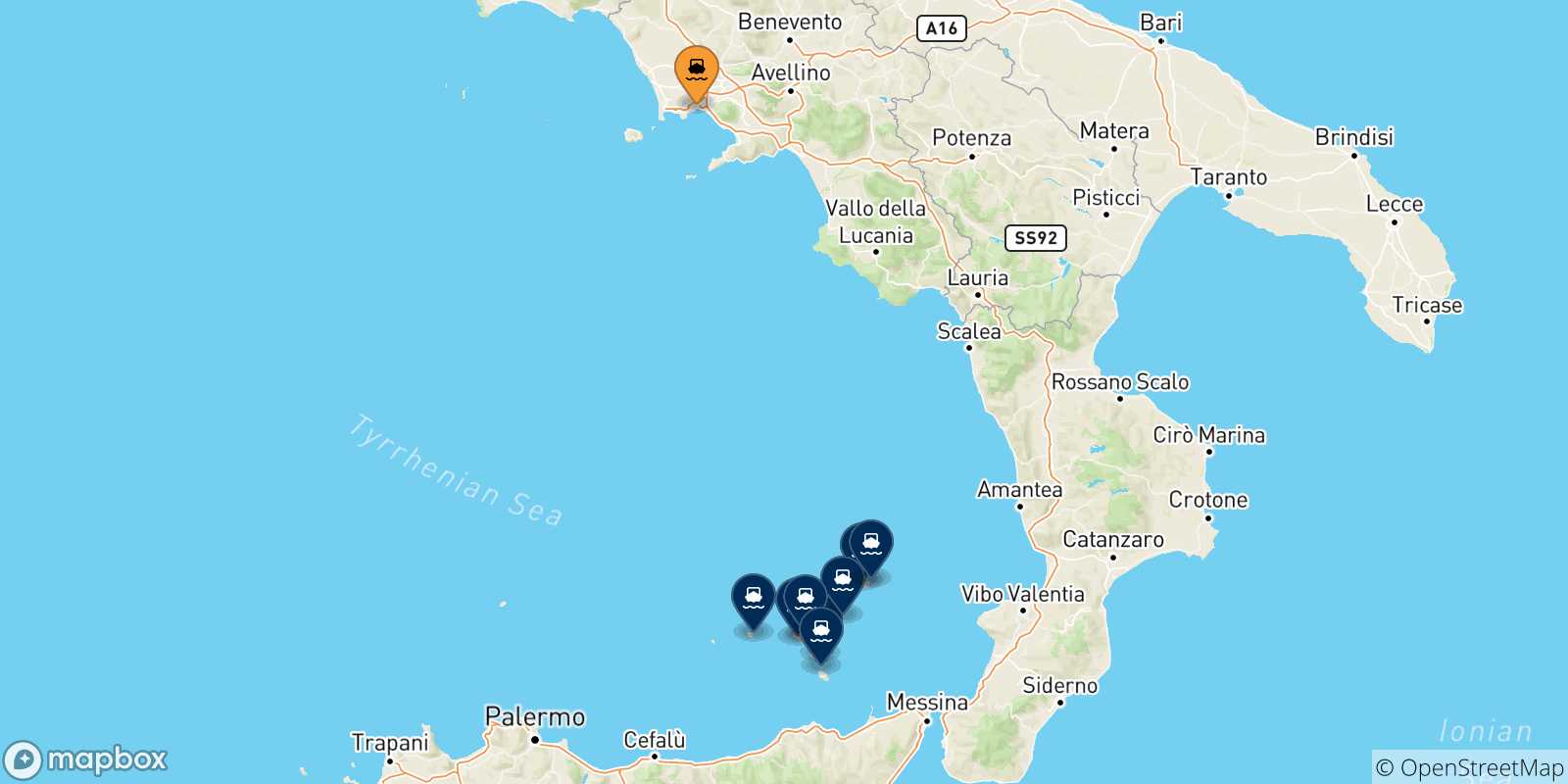 Mapa de las posibles rutas entre Nápoles y  Islas Eólicas