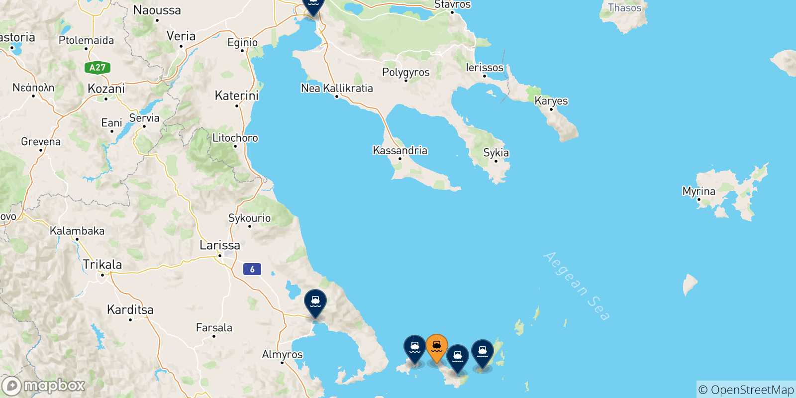 Mapa de las posibles rutas entre Agnontas (Skopelos) y  Grecia