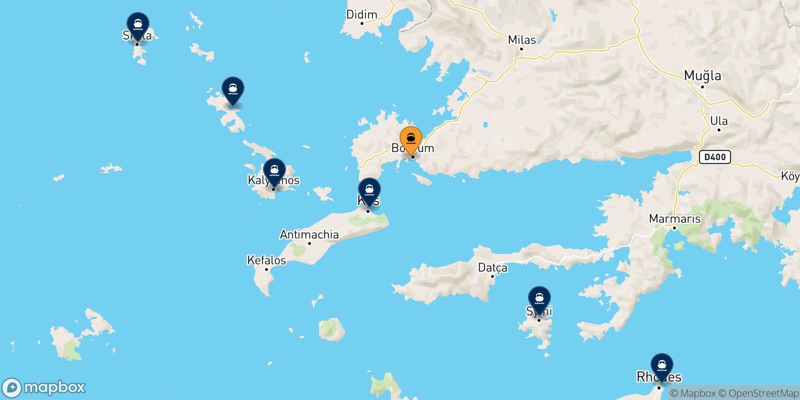 Mapa de los destinos alcanzables de Bodrum