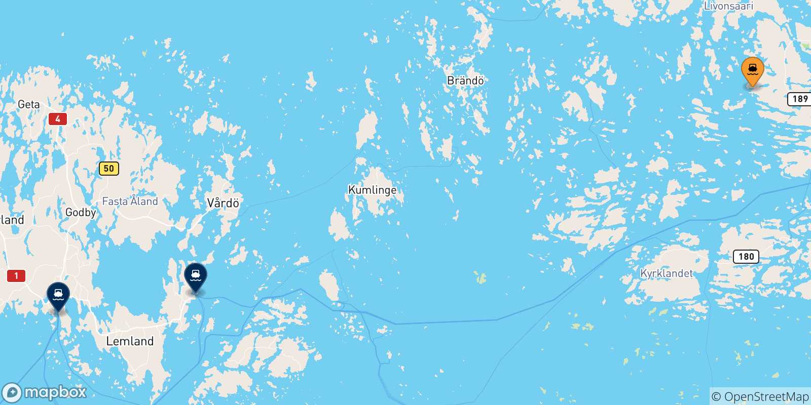Mapa de las posibles rutas entre Turku y  Islas Aland