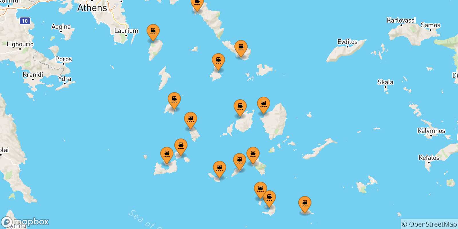 Mapa de las posibles rutas entre Las Cicladas y  Kythnos