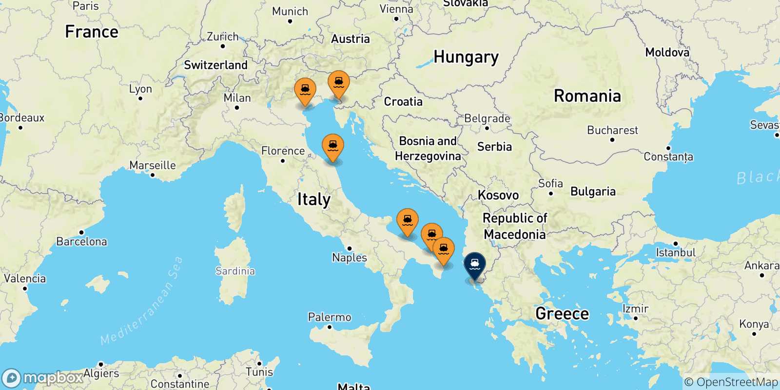 Mapa de las posibles rutas entre Italia y  Corfu