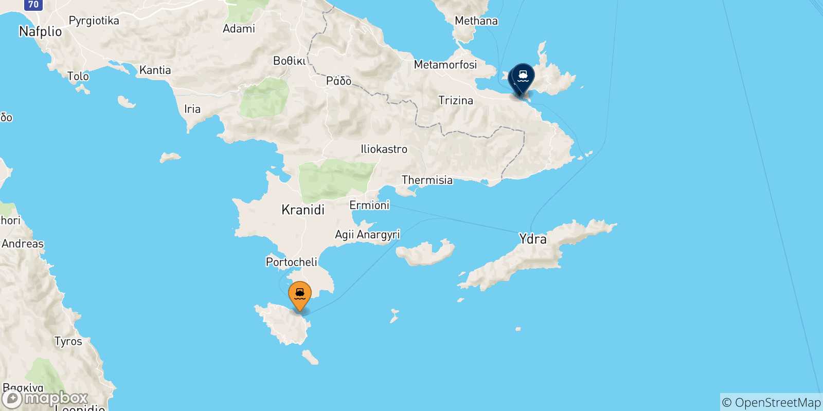 Mapa de las posibles rutas entre Spetses y  Islas Sarónicas