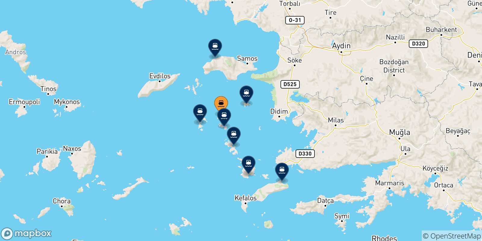 Mapa de las posibles rutas entre Arkyi y  Grecia