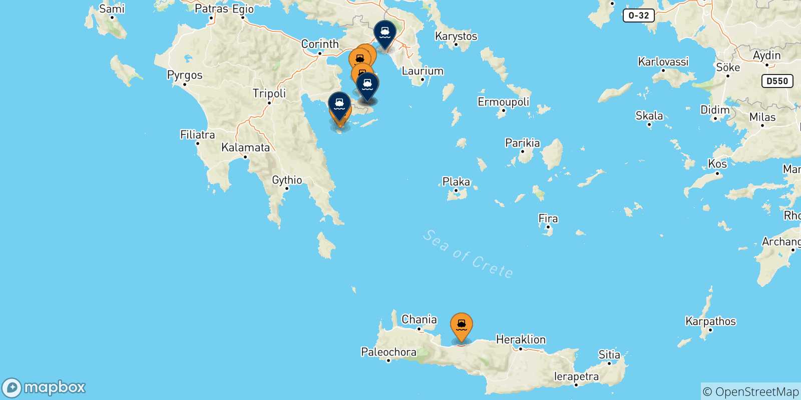 Mapa de las posibles rutas entre Islas Sarónicas y  Grecia