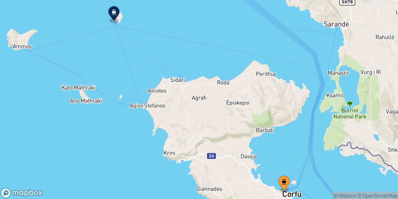 Mapa de la ruta Corfu Erikusa