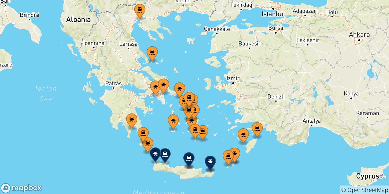 Mapa de las posibles rutas entre Grecia y  Creta