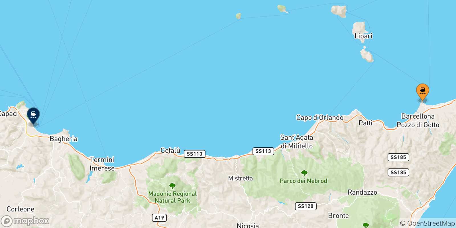 Mapa de las posibles rutas entre Milazzo y  Sicilia
