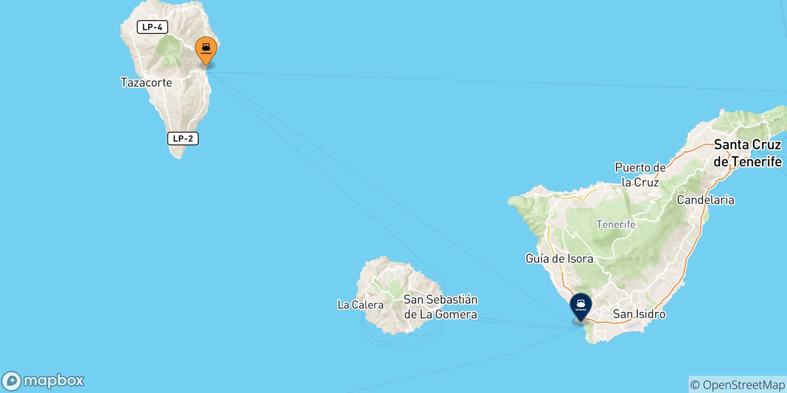 Mapa de las posibles rutas entre Santa Cruz De La Palma y  Islas Canarias