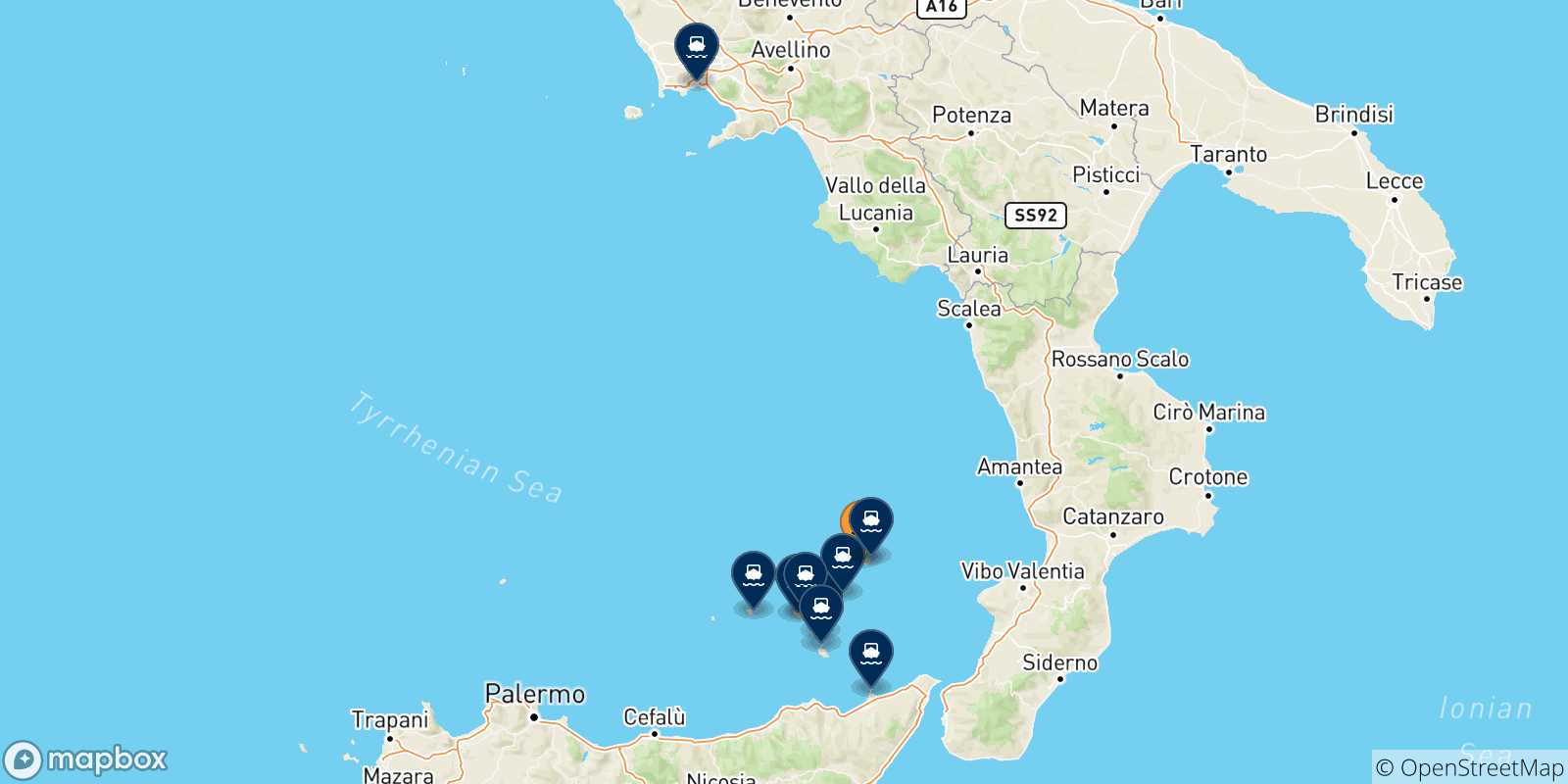 Mapa de las posibles rutas entre Ginostra (Stromboli) y  Italia