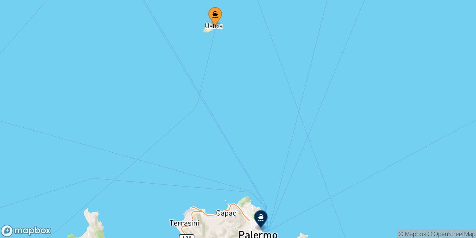 Mapa de los destinos alcanzables de Cala S.maria (Ustica)