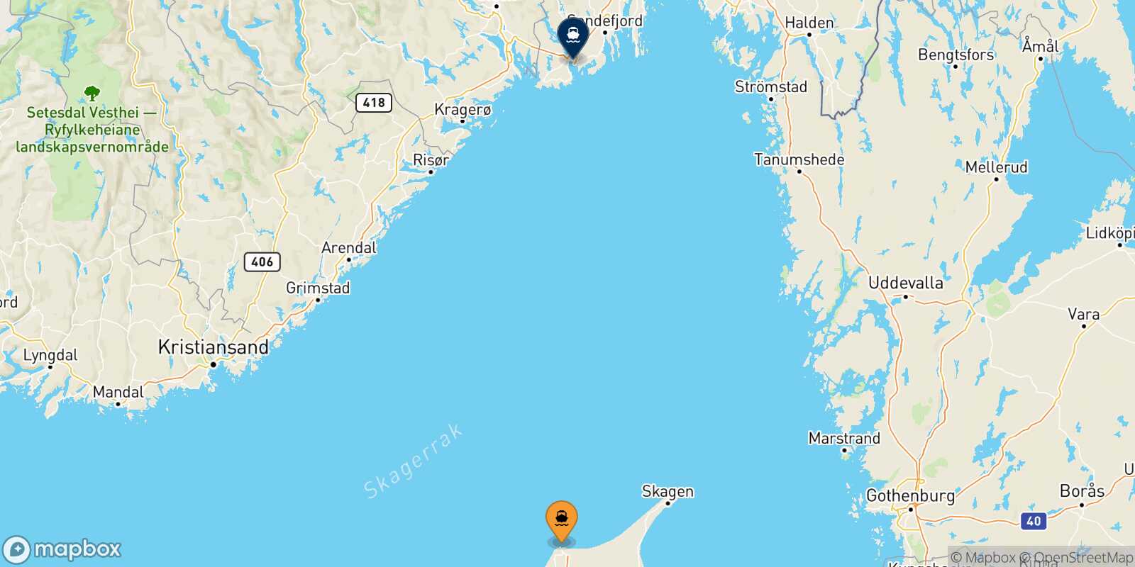 Mapa de la ruta Hirtshals Larvik