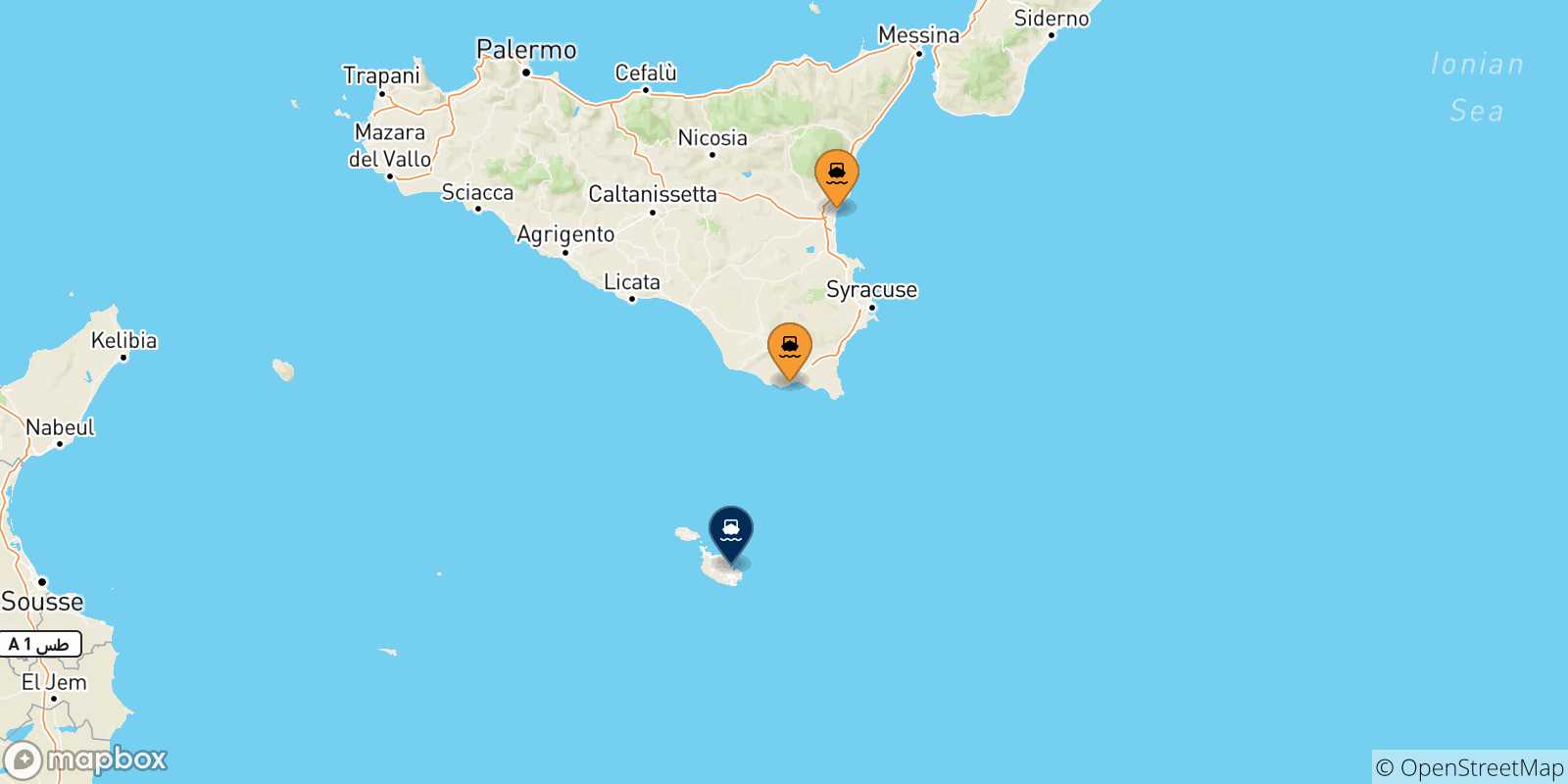 Mapa de las posibles rutas entre Sicilia y  Malta