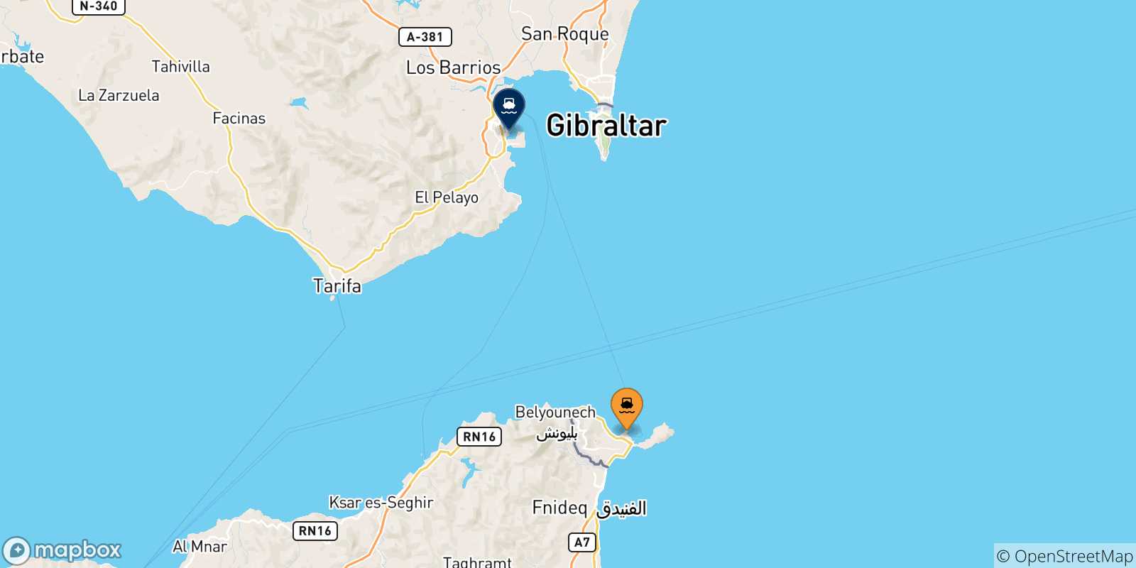 Mapa de las posibles rutas entre Ceuta y  España