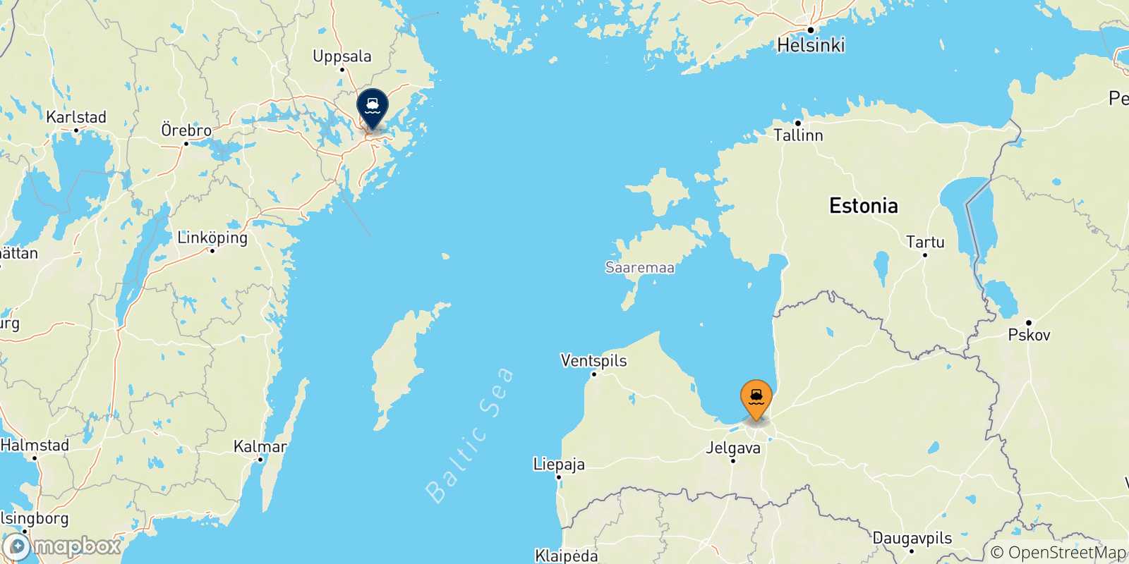 Mapa de las posibles rutas entre Riga y  Suecia