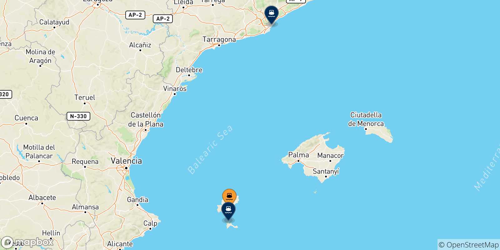 Mapa de las posibles rutas entre Ibiza y  España