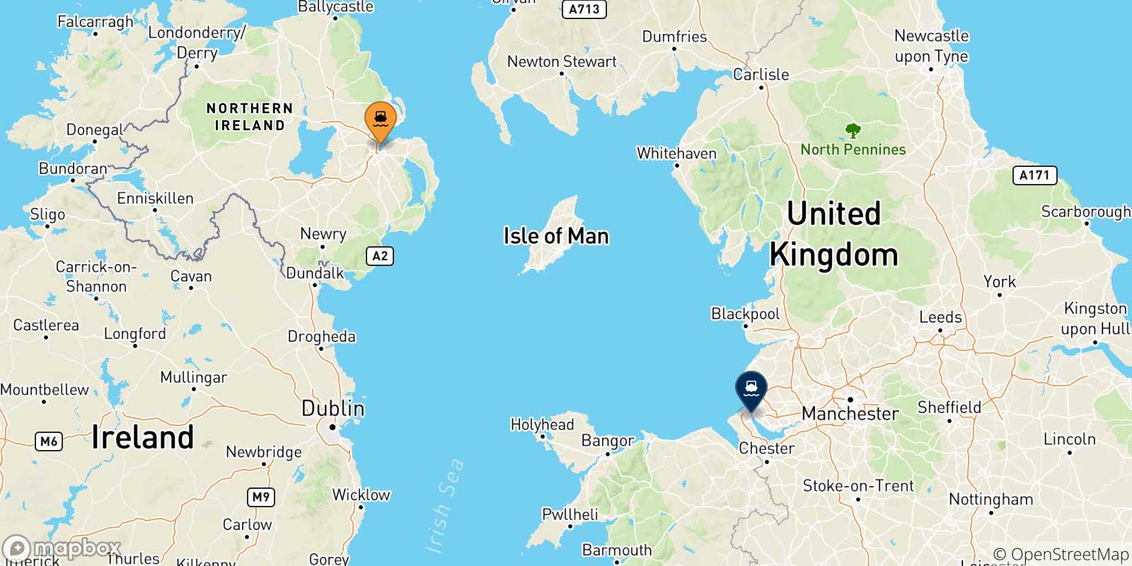 Mapa de las posibles rutas entre Irlanda Del Norte y  Inglaterra