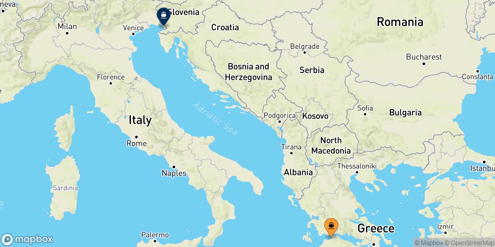 Mapa de la ruta Patras Trieste