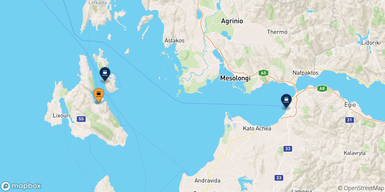 Mapa de las posibles rutas entre Sami (Cefalonia) y  Grecia