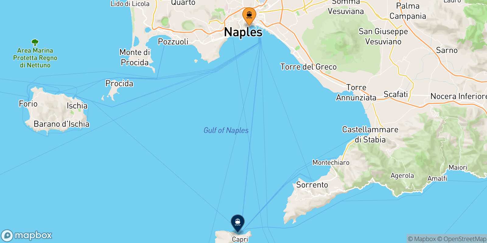 Mapa de la ruta Nápoles Beverello Capri