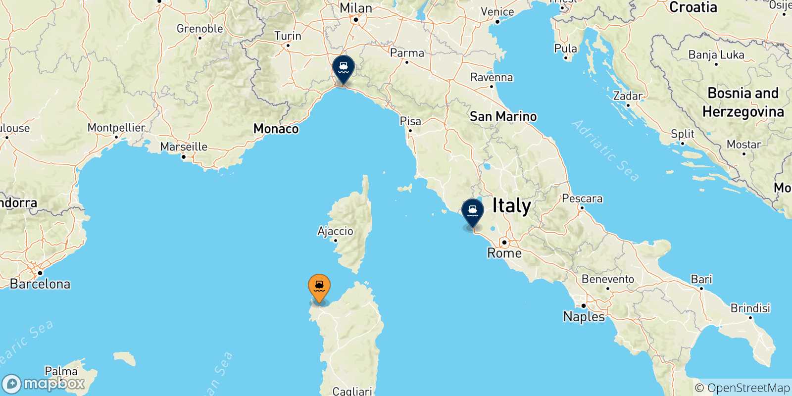 Mapa de las posibles rutas entre Porto Torres y  Italia