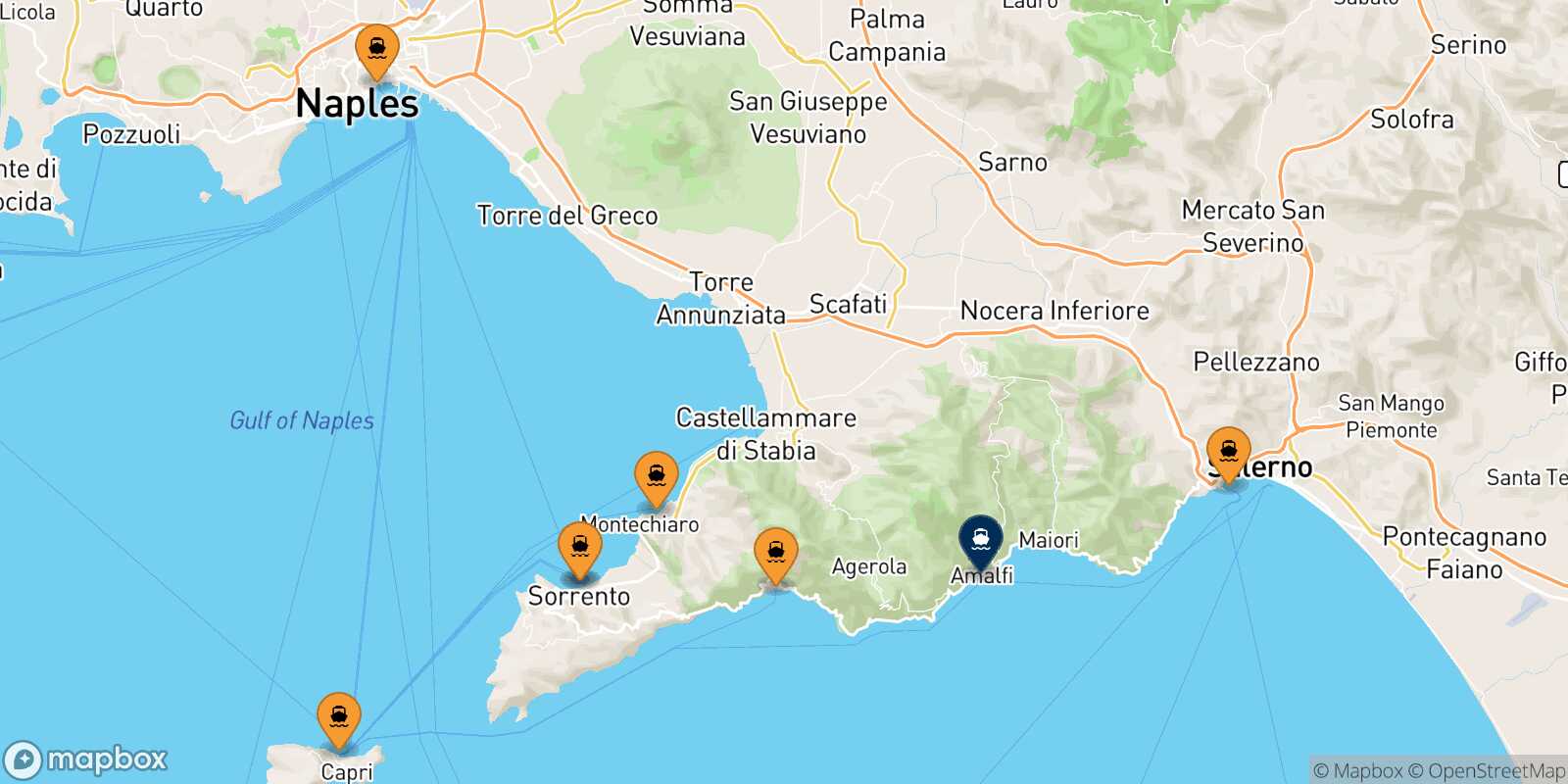 Mapa de los puertos conectados con  Amalfi